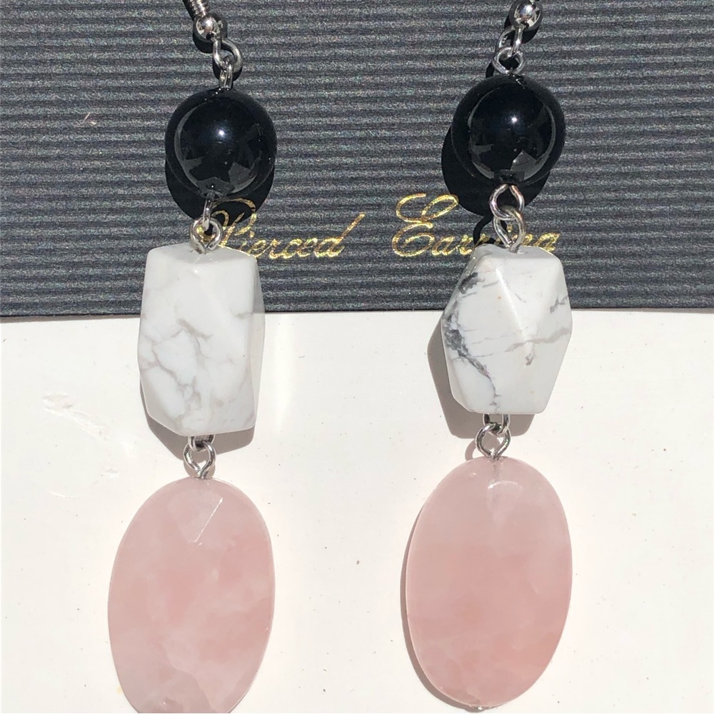 Park Lane Jewelry Dangling Earrings Black, White Marble & Pink —#104 - Picture 4 of 5